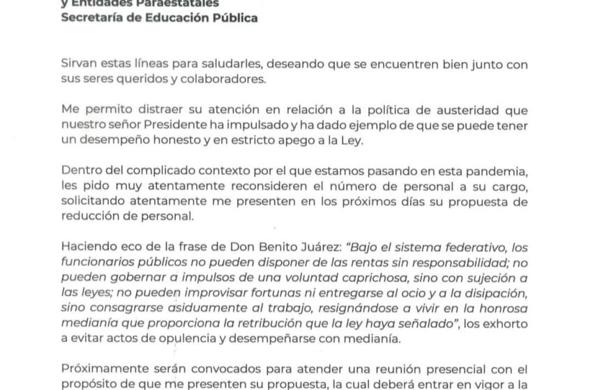  DELFINA GÓMEZ ANUNCIA RECORTE DE PERSONAL POR POLÍTICA DE AUSTERIDAD DE AMLO