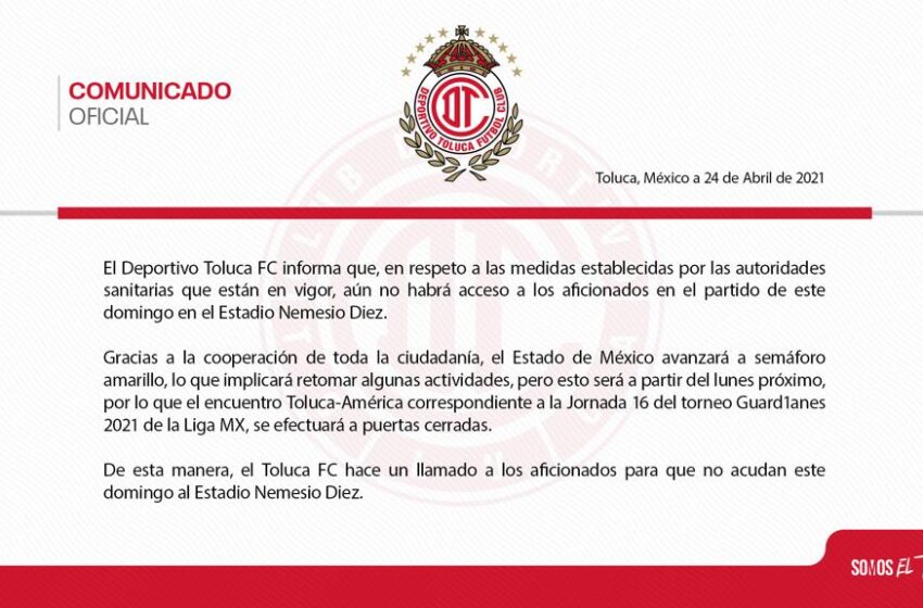  TOLUCA – AMÉRICA SE JUGARÁ A PUERTA CERRADA