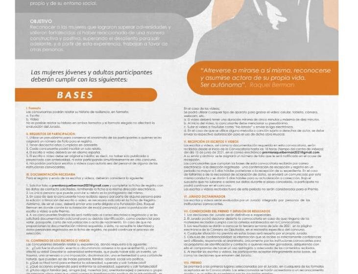  CONVOCAN AL SEXTO PREMIO RAQUEL BERMAN A LA RESILIENCIA FEMENINA FRENTE A LA ADVERSIDAD