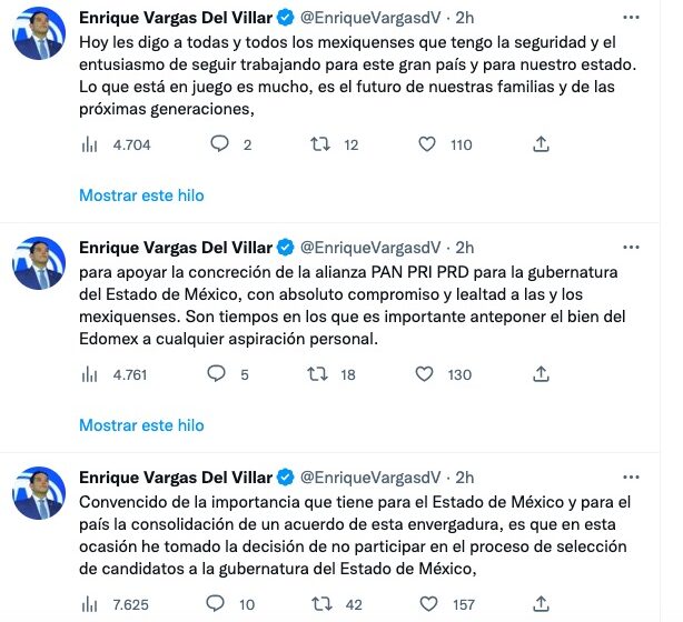  ENRIQUE VARGAS DEL VILLAR SE BAJA DE LA CONTIENDA, NO PARTICIPARÁ EN LA SELECCIÓN DE CANDIDATOS DE LA ALIANZA PRI-PAN-PRD