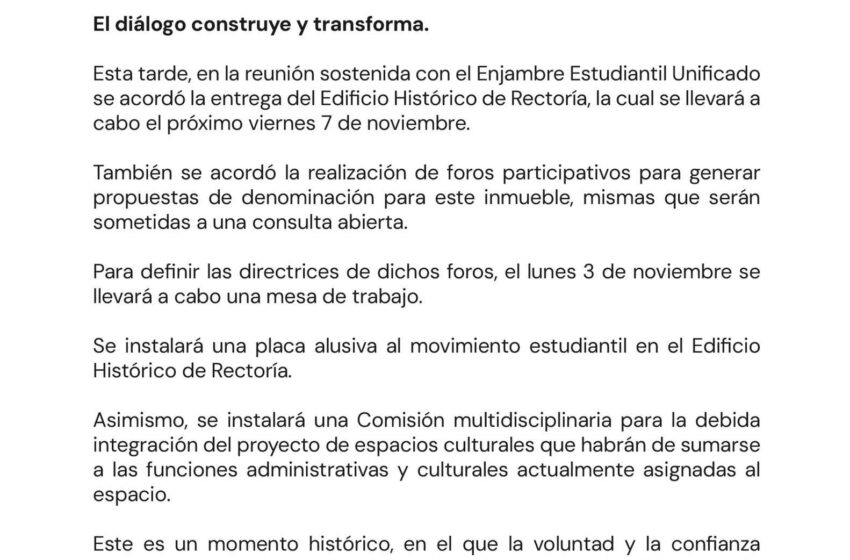  UAEMéx y movimiento estudiantil acuerdan entrega del Edificio Histórico de Rectoría