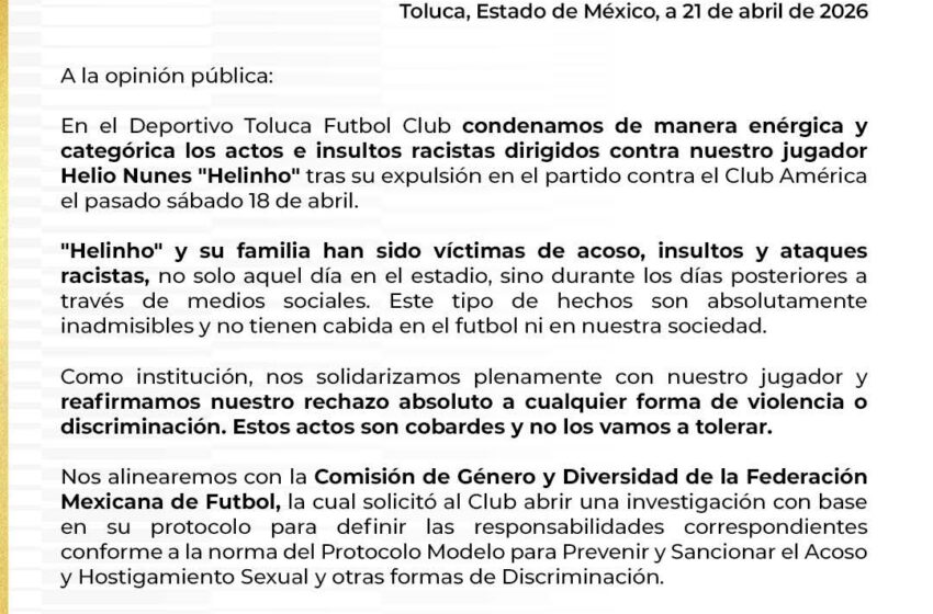  Toluca condena insultos racistas contra “Helinho” y exige investigación