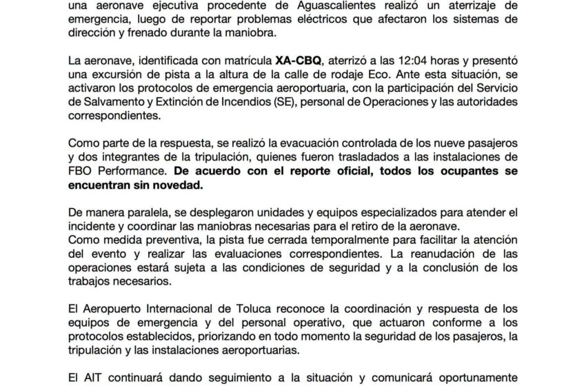  Avión ejecutivo realiza aterrizaje de emergencia en el Aeropuerto de Toluca; nueve pasajeros y dos tripulantes salen ilesos